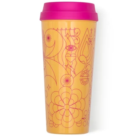 Amika Limited Edition Pink Yellow Printed Lightweight Travel Mug w Lid - Picture 1 of 2